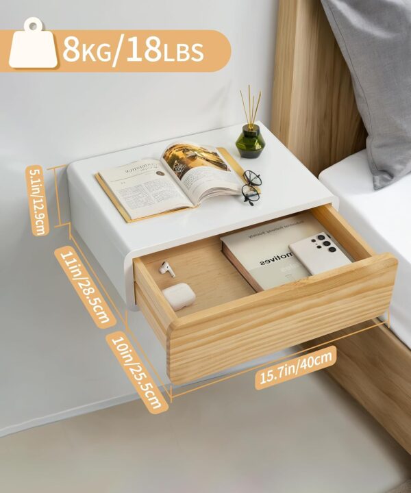 Floating Nightstand White with Drawers Modern Bedside Table Organiser Fully Assembled Shelf Small Spaces Wall Mounted Storage Wood Furniture for Bedroom Home Decor 3
