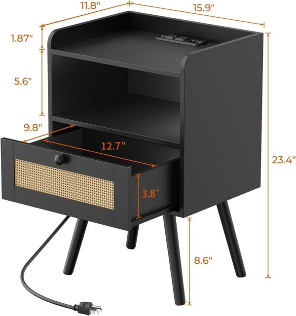 Nightstand with Charging Station & Rattan-Like Decor Drawer, Rattan End Table with Solid Wood Feet, Bed Side Table with Open Storage, for Bedroom, Living Room, Dormitory - Black 2