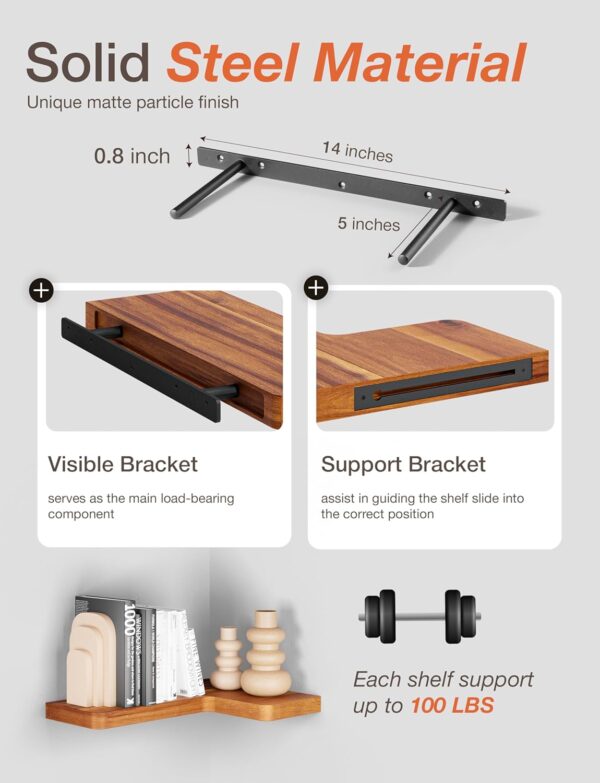 Acacia Wood Corner Floating Shelves 17" x 12"– Corner Shelf Wall Mounted - Floating Corner Shelves for Wall - Brackets and Shelving Hardware Included for Kitchen, Living Room, Bathroom (Set 2) 1