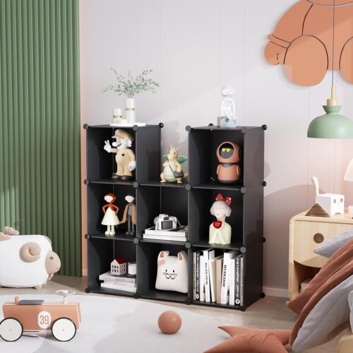 3 Cube Storage, 9-Cube BookShelf, Plastic Closet Cabinet Organizer, DIY Stackable Bookcase, Modular shelving Units Ideal for Home, Office, Kids Room, 36.6"L x 12.4" W x 48.4" H Black SHS3009A