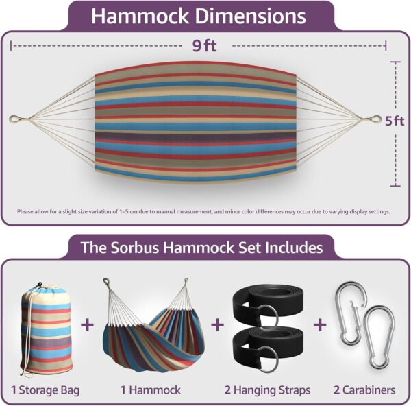 Brazilian Double Hammock - Extra-Long Two Person Portable Hammock Bed for Indoor or Outdoor Spaces - Hanging Rope, Carrying Pouch Included (Blue/Sand/Purple/Red Stripes) 3
