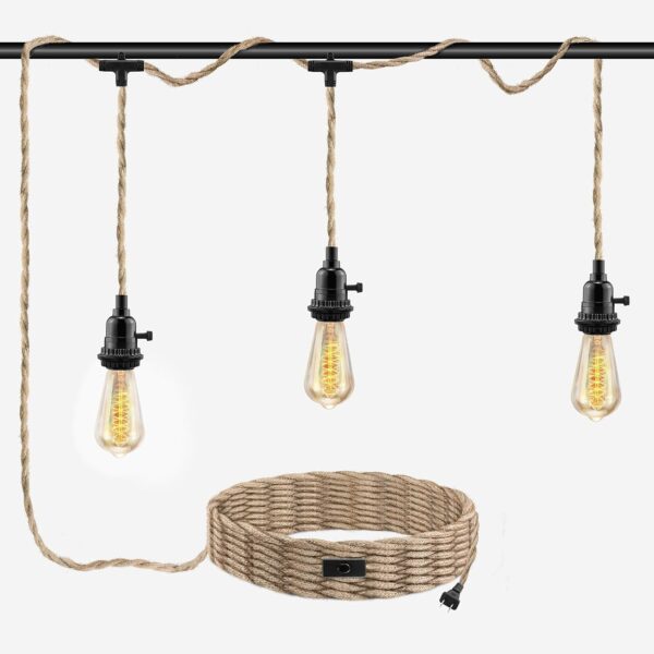 3 Light Plug in Pendant Light Cord, 25FT Hanging Lights with Plug in Cord, Hemp Rope Hanging Light Kit with 2 Way Switch, Farmhouse Pendant Light Kits DIY HangingLight 5