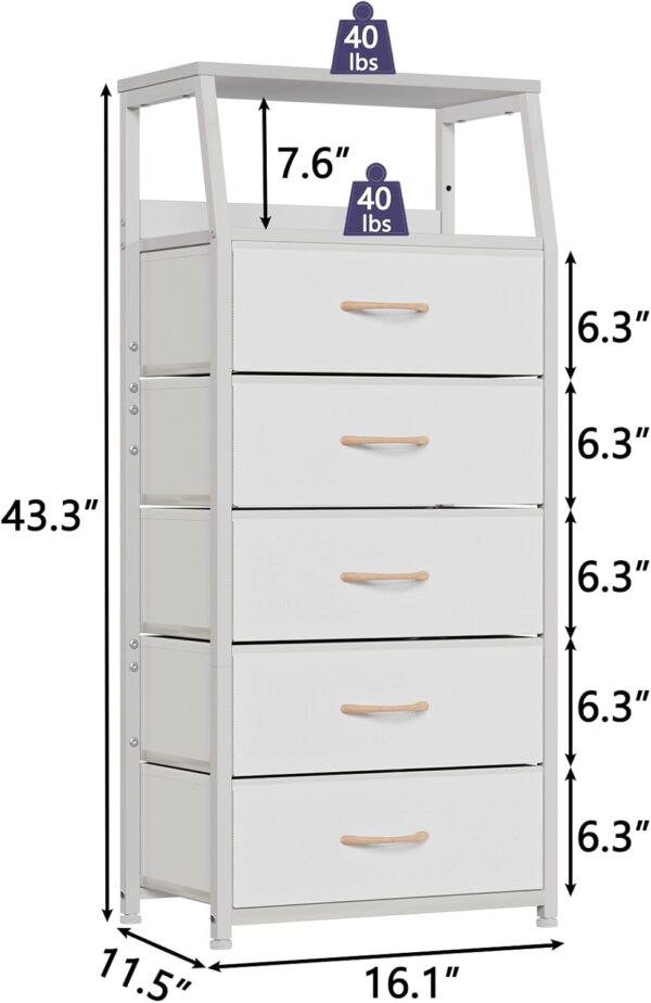 White Dresser with 5 Drawers, Vertical Storage Tower Fabric Dresser for Bedroom, Hallway, Entryway, Nursery, Closet Organizer, Nightstand Bedside Table Furniture, Sturdy Steel Frame, Wood Top 2