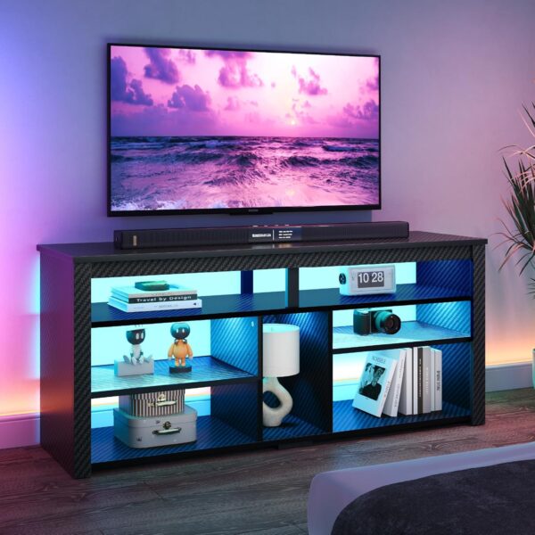 LED Tall TV Stand, Entertainment Center for 55/60/65 Inch, Gaming Console With Storage for PS4, Adjustable Shelf Modern High Cabinet for Living Room Bedroom, Carbon Fiber Black 2