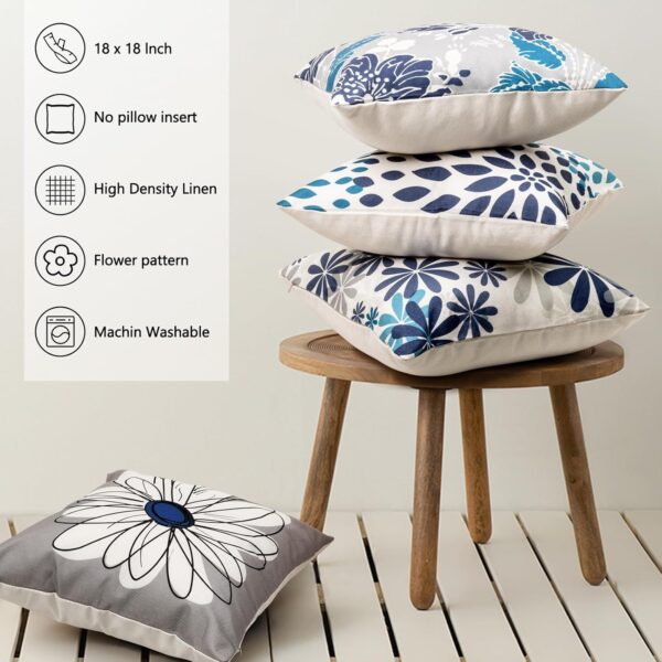 Blue Decorative Throw Pillow Covers 18x18 Set of 4, Blue and Grey Modern Daisy Floral Pillows Linen Pillow Covers for Couch Sofa Living Room 3