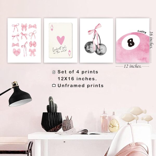 Pink Coquette Trendy Preppy Wall Art Prints Set of 4, Coquette Room Decor, Preppy Room Decor Aesthetic, Pink Bow Disco 8 Ball Cherry Wall Decor Posters for Girls Bedroom Dorm, 12x16 Unframed 2