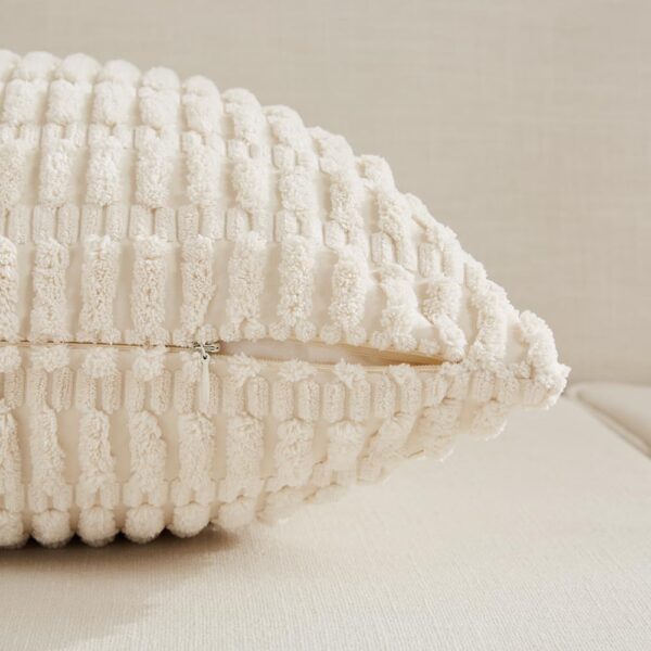 4 Packs Neutral Decorative Throw Pillow Covers 18x18 Inch for Living Room Couch Bed Sofa, Rustic Farmhouse Boho Home Decor, Soft Plush Striped Corduroy Square Cushion Case 45x45 cm 3