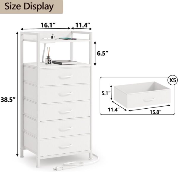 White Nightstand with 5 Storage Drawer, Tall Dresser for Bedroom with Led Light and Charging Station, Side Table Nightstand for Closet, Fabric Bins, Metal Frame, Wood Shelf(White) 3
