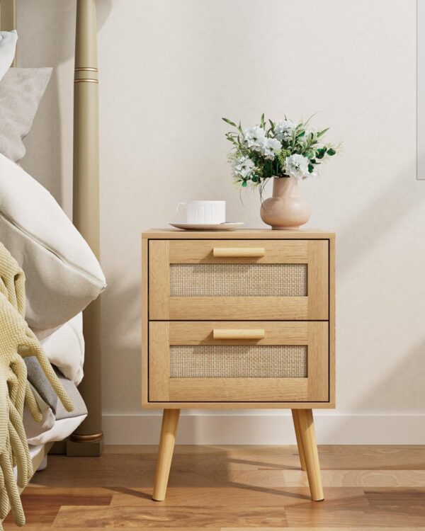 Rattan Night Stand,Modern nightstand Boho Bedside Table with 2 Drawer,Small End Side Table for Bedroom,Living Room,Office,Natural 3