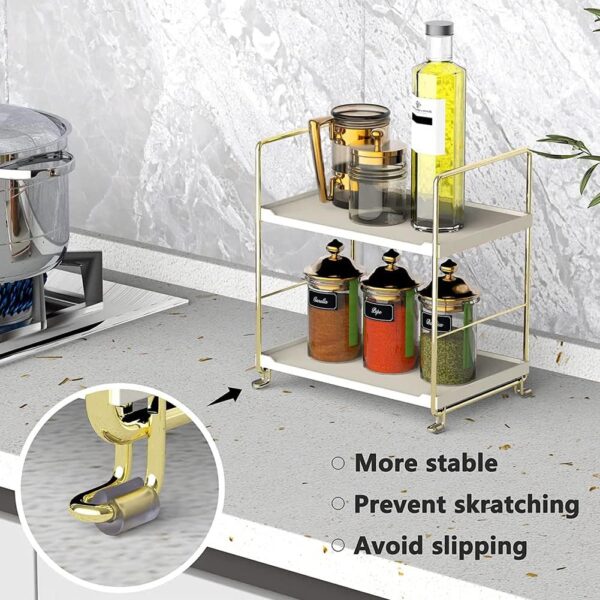 2-Tier Kitchen Spice Rack - Freestanding Stackable Bathroom Countertop Storage Shelf - Cosmetic Organizer Holder- Square Standing Rack (Golden) 3
