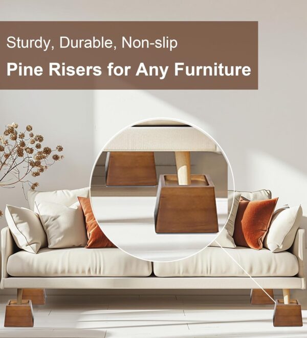 Wood Bed Risers 3 Inch, Premium Pine Furniture Risers - Sturdy, Stylish and Space Saving 3" Bed Lift for Sofa, Desk and More - 4-Pack (Brown Wood, 3 Inch) 5