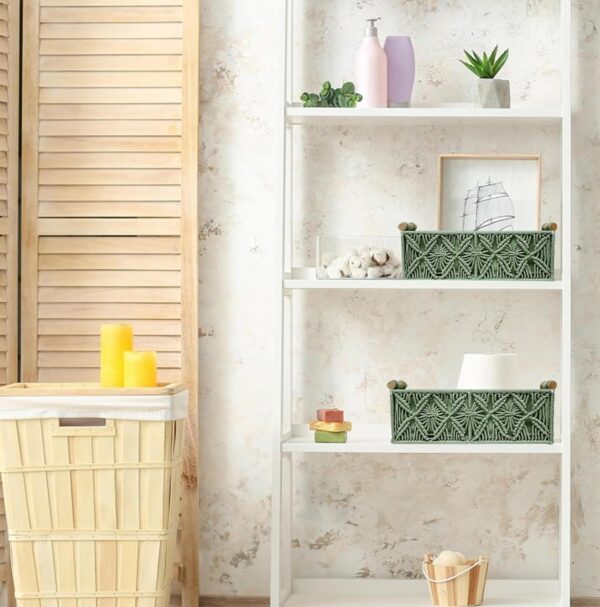 Macrame Boho Decor Baskets for Organizing Woven Decorative Basket for Countertop Toilet Paper Basket for Tank Top for Home Decor Bedroom Nursery Livingroom Entryway (Set of 2,Green) 2