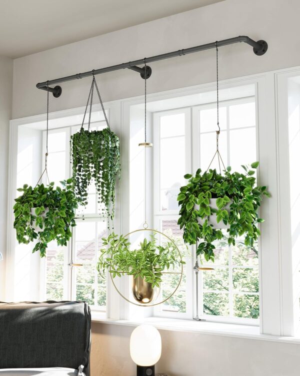 Plant Hanger Indoor, Hanging Planters Rod for Indoor Plants with 6 Hanging Chains, Wall Plant Hanging Rod for Window Ceiling, 65.7 Inch, Metal/Black, Pots Not Included 3
