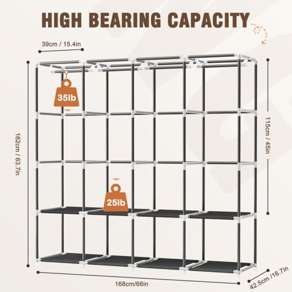 Wardrobe Closet, 66 Inch Portable Closet for Hanging Clothes, Large Capacity Clothes Rack Organizer with Cover & 4 Hanging Rods & 8 Storage Shelves & 2 Side Pockets (Black) 3