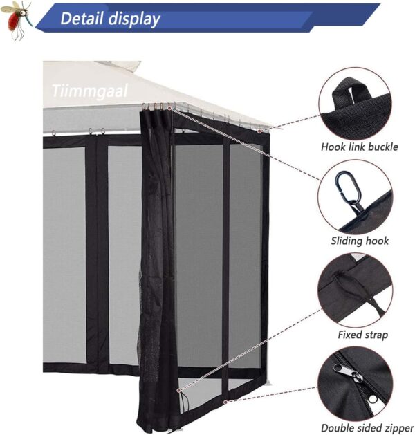 Mosquito Netting for Gazebo Canopy, Replacement Screen Walls Netting with Slip Rings, 4-Door Zipper, Easy to Install Black (Net Only) (10x10FT) 3