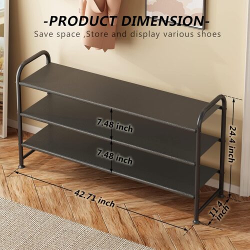 3 Shoe Rack 3 Tier Long Storage Organizer Wide Metal Shoe Shelf for Closet Entryway Black