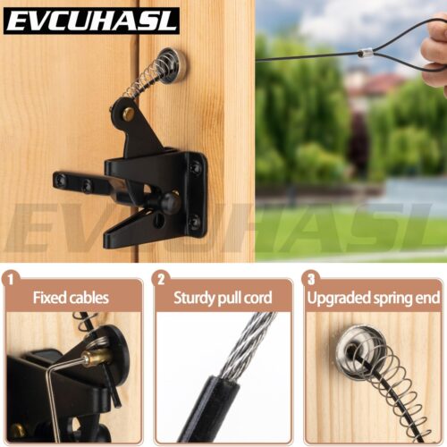 3 Self Locking Gate Latch with Spring Cable Pull, Heavy Duty Automatic Gravity Lever Gate Fence Door Latches for Wooden Fence/Vinyl Door/Outdoor Secure Pool/Garden, Black-1 Pack