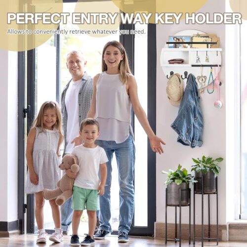 Key Holder Wall Mount, Wooden Decorative Key Rack with Shelf, Sunglasses Hanger, Storage Box, Multi Hooks, Round, 12 Inch, White and Black