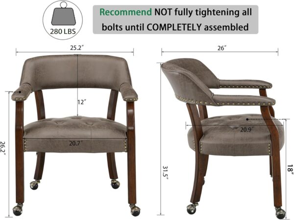 Large Dining Chairs with Casters and Arms, Rolling Dining Chairs with Wheels, Poker Chairs, Solid Wood Office Desk Chairs, 26"D x 25.2"W x 31.5"H, Cherry Legs & Dark Brown Fabric SY-1533-DK 2