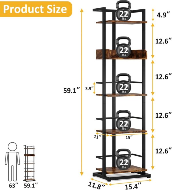 Book Shelf Narrow Bookshelf: 5 Tier Wood Bookcase with Metal Edge Protection Industrial Modern Bookshelf Book Storage Organizer for Living Room Bedroom Home Office (Rustic Brown) 4