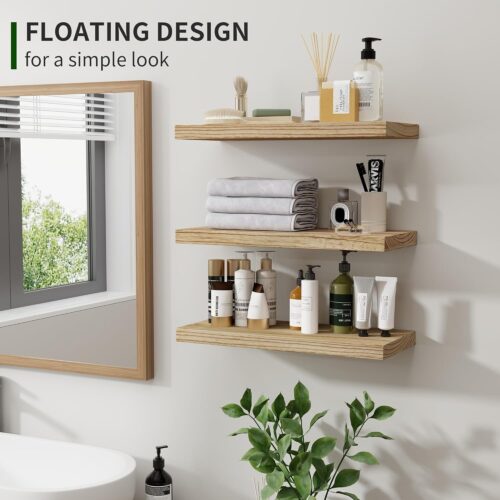 Wood Floating Shelves for Wall Set of 3, 17 Inch Wide Rustic Wooden Floating Shelves, Invisible Wall Mounted Display for Living Room Bedroom Kitchen Bathroom Office, Carbonized Black