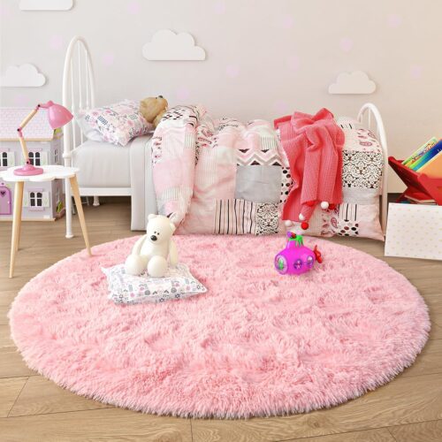 3 Pink Round Rug 4x4 Feet Fluffy Soft Area Rugs for Kids Girls Room Princess Castle Plush Shaggy Carpet Cute Circle Nursery Rug for Girls Bedroom Baby Home Decor Circular Carpet