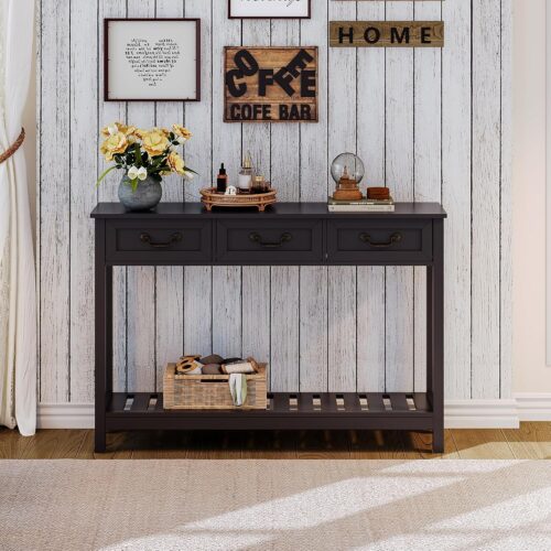 3 Console Table with 3 Drawers, Rustic Entryway Table, Narrow Long Sofa Table for Living Room, Hallway, Behind Couch, Black