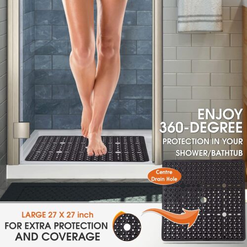 3 Square Shower Mat 27x27 inch - Large Anti Slip Shower Floor Mat - Non Slip Bathroom Shower Stall Mats with Strong Secure Suction Cups and Drain Holes in Middle (Charcoal 27x27)