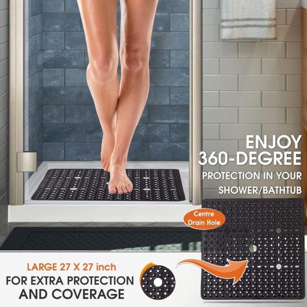 Square Shower Mat 27x27 inch - Large Anti Slip Shower Floor Mat - Non Slip Bathroom Shower Stall Mats with Strong Secure Suction Cups and Drain Holes in Middle (Charcoal 27x27) 1