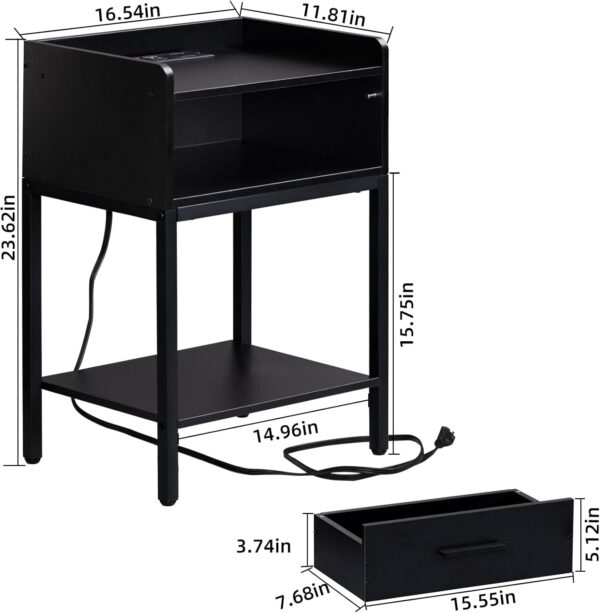 Nightstand with Charging Station and USB Ports, 3-Tier End Side Table with Storage Drawer and Shelf, Bedside Night Stand for Bedroom- Black 5