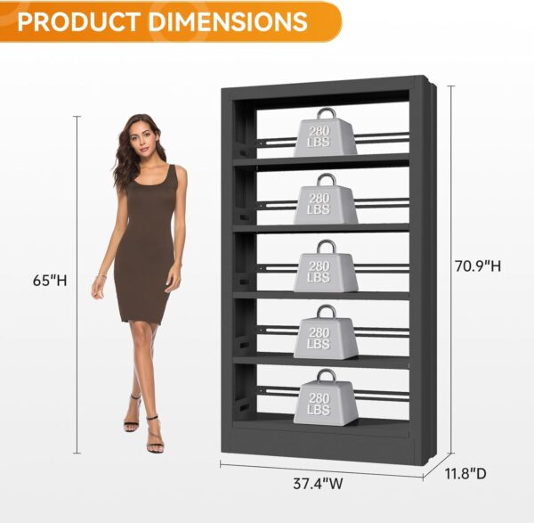 71" Tall Metal Bookshelf 5 Tier Heavy Duty Bookshelves with Adjustable Storage Shelves Library Bookcase with Book Stopper for Living Room, Library, Office, Bedroom, School 5