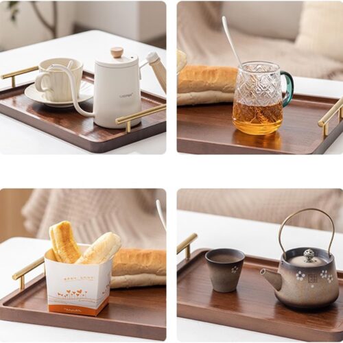 3 Bamboo Serving Tray with Gold Handles, Food Tray for Breakfast,Coffee Table,Dinner & Bar, Decorative Tray for Kitchen, Bedroom (Small)