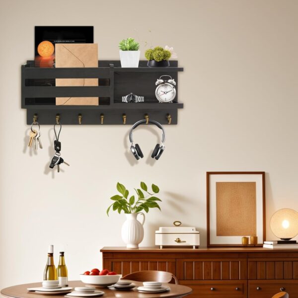Wood Key Holder Wall Mount, Mail and Key Organizer with Small Tray, 7 Hooks Key Racks for Entryway, Bedroom, Home, Office (Black) 3