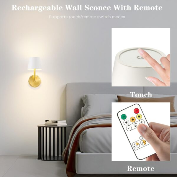 Wall Sconce Set of Two,White Gold Battery Sconces with Remote,3 Color Temperatures Rechargeable Wireless Wall Lights,Dimmable Battery Powered Lamp for Bedroom Living Room Hallway 3