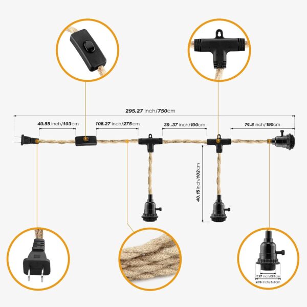 3 Light Plug in Pendant Light Cord, 25FT Hanging Lights with Plug in Cord, Hemp Rope Hanging Light Kit with 2 Way Switch, Farmhouse Pendant Light Kits DIY HangingLight 4