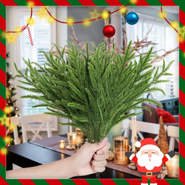 30 Pcs Christmas Real Touch Norfolk Stems, 15Inch Artificial Pine Branches Faux Evergreen Pine Sprigs Fake Foliage Greenery Picks for Christmas Wreath Making DIY Crafts Home Decoration (30, Green) 4