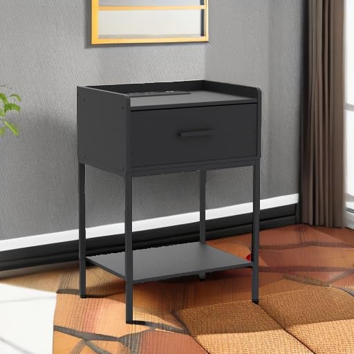 Nightstand with Charging Station and USB Ports, 3-Tier End Side Table with Storage Drawer and Shelf, Bedside Night Stand for Bedroom- Black 3