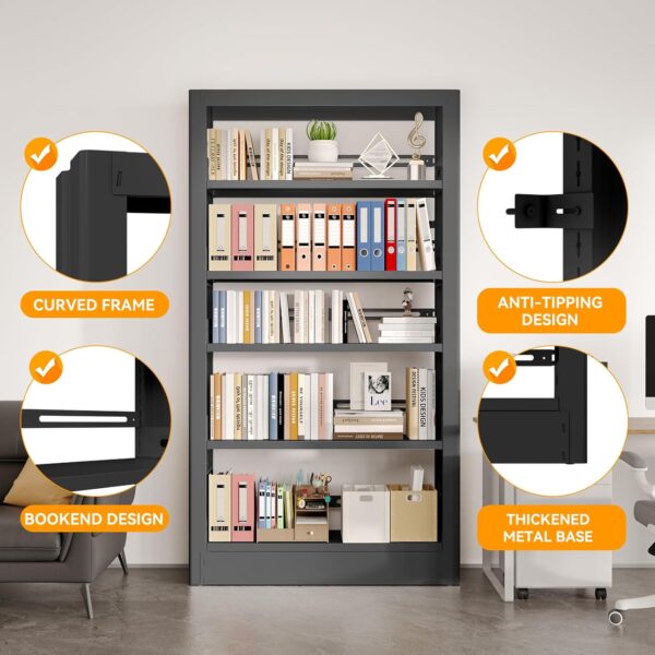 71" Tall Metal Bookshelf 5 Tier Heavy Duty Bookshelves with Adjustable Storage Shelves Library Bookcase with Book Stopper for Living Room, Library, Office, Bedroom, School 3