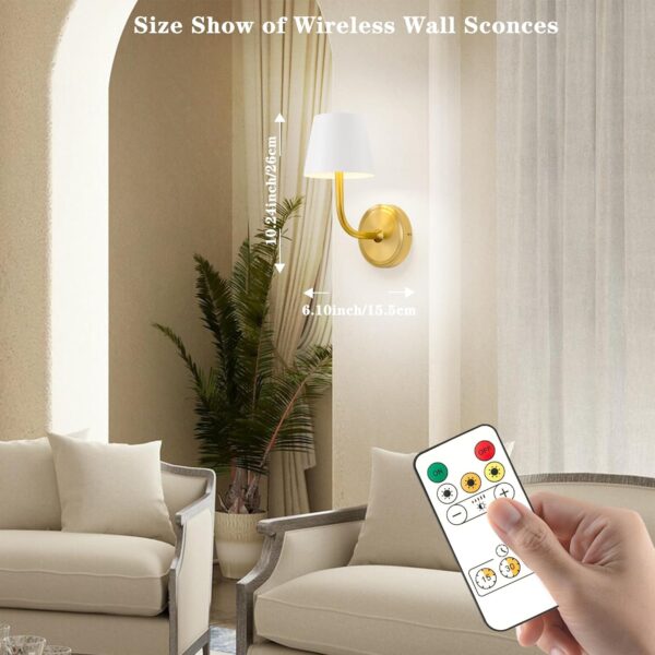 Wall Sconce Set of Two,White Gold Battery Sconces with Remote,3 Color Temperatures Rechargeable Wireless Wall Lights,Dimmable Battery Powered Lamp for Bedroom Living Room Hallway 5