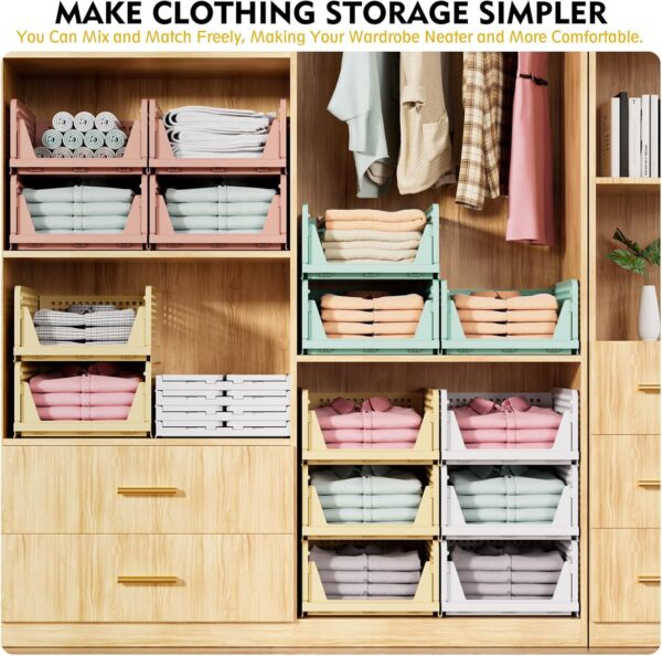 5 Pack Stackable Closet Storage Basket, Multifunctional & Foldable Closet Organizer for Bathroom Kitchen Laundry Room Wardrobe Storage, Space-Saving Clothes Storage Drawer Organizer, White 3