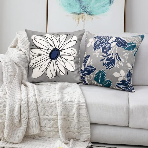 Blue Decorative Throw Pillow Covers 18x18 Set of 4, Blue and Grey Modern Daisy Floral Pillows Linen Pillow Covers for Couch Sofa Living Room 4