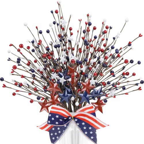 8 Pack Patriotic Artificial Berry Stem Picks,17.5” Red White Blue Stars with Bow for 4th of July Independence Day Decor, Iron Pentagram Faux Berry Branches Table Centerpiece Decoration for Home Office
