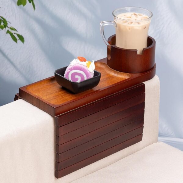 Couch Cup Holder Tray, 3 in 1 Bamboo Couch Arm Tray with 360° Rotating Cup Holder & Phone Stand, Foldable Sofa Arm Rest Tray Table for Remote/Snacks/Phone/Drinks Walnut 1 Cup