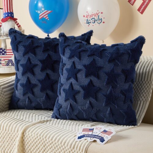 1 4th of July Pillow Covers 18x18 inch Set of 2 4th of July Decor Blue Stars Decoration Soft Plush Faux Fur Jacquard Throw Pillows Independence Day Decorations for Bedroom Sofa Holiday
