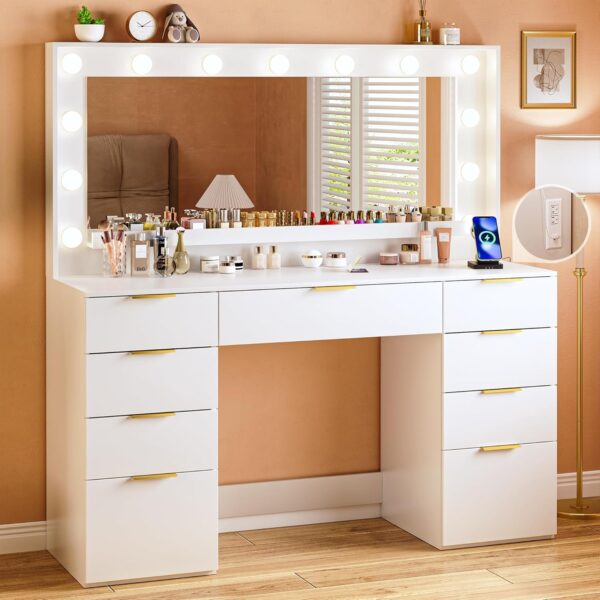 Vanity Desk with Large Mirror and Lights, 45.3in Makeup Vanity with Power Outlet 9 Drawers & Storage, 3 Lighting Color Adjustable, White Vanity Desk for Bedroom 1 Desk