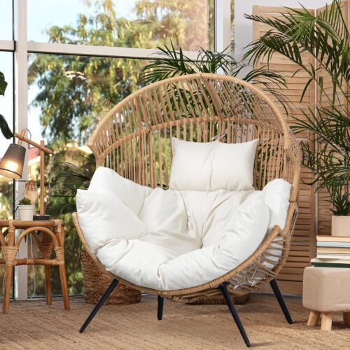 Egg Chair Wicker Outdoor Chairs, Oversized Patio Chair Oversized Lounger Chair with Cushion for Indoor Living Room, Bedroom, Outside Patio Backyard Balcony, Beige