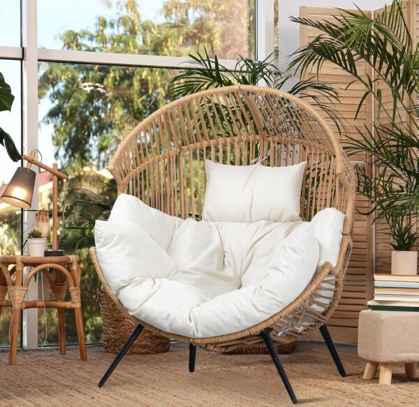 Egg Chair Wicker Outdoor Chairs, Oversized Patio Chair Oversized Lounger Chair with Cushion for Indoor Living Room, Bedroom, Outside Patio Backyard Balcony, Beige 1 Egg