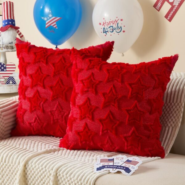 4th of July Pillow Covers 18x18 inch Set of 2 4th of July Decor Red Stars Decoration Red Soft Plush Faux Fur Jacquard Throw Pillows Independence Day Decorations for Home Sofa PTK028B18 3 July Pillow Covers