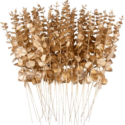 36 Pcs Gold Eucalyptus Stems Artificial Leaves Faux Eucalyptus Stems Branches 15 inch for Wedding Bouquet Home Decor
