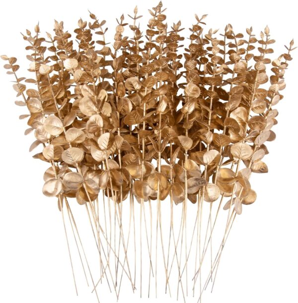 36 Pcs Gold Eucalyptus Stems Artificial Leaves Faux Eucalyptus Stems Branches 15 inch for Wedding Bouquet Home Decor 1 Eucalyptus